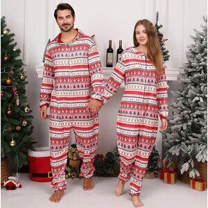 Mens Christmas Hooded Onesie Pajamas Size Large Red Pink Snowman Pattern